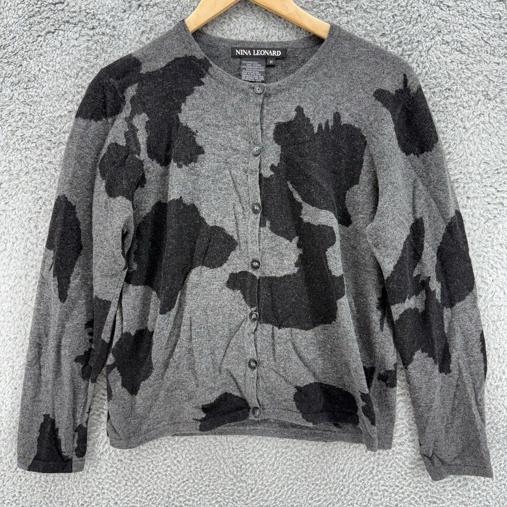 NINA LEONARD Gray Black Animal Print Lambswool & Angora Cardigan‎ Sweater Medium